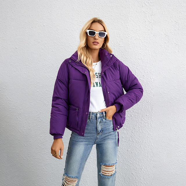 Women's short stand collar zipper puffer jacket