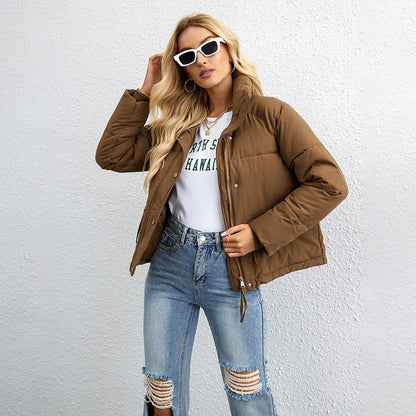 Women's short stand collar zipper puffer jacket