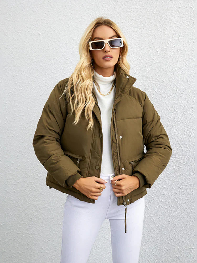 Women's short stand collar zipper puffer jacket