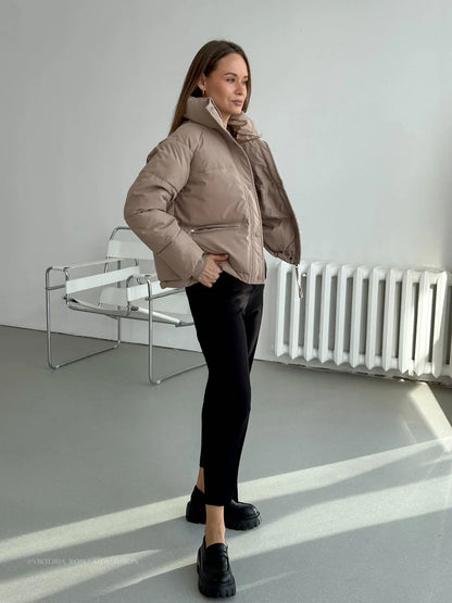 Women's short stand collar zipper puffer jacket