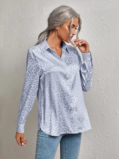 Women's Satin Blouse - Button Down - Tailored Fit - Subtle Leopard Print