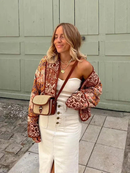 Women's loose vintage retro print jacket