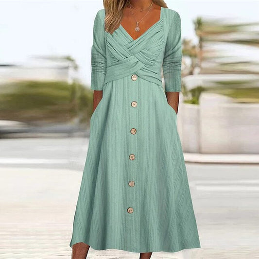 Buttoned A-Line Long-Sleeve Office Dress