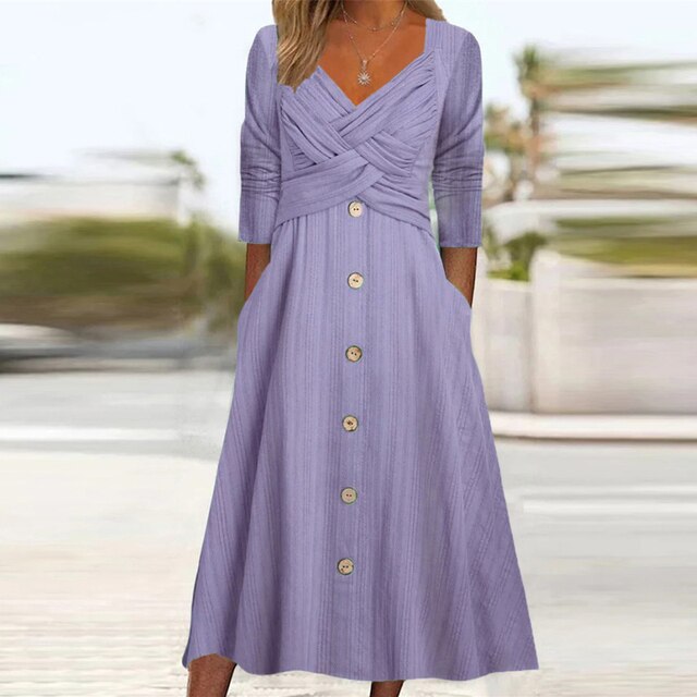 Buttoned A-Line Long-Sleeve Office Dress