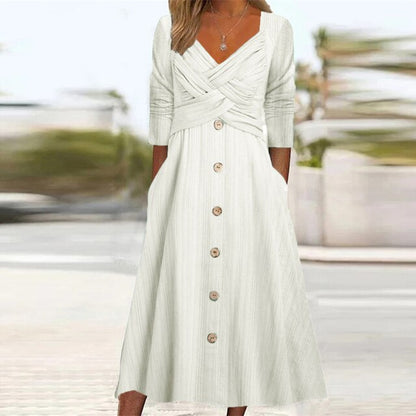 Women's Long-Sleeve A-Line V-Neck Buttoned Office Dress