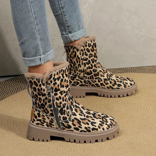 Leopard Print Winter Side Zip Boots
