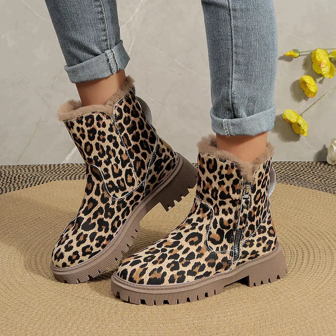 Women's winter leopard print thickened velvet snow boots