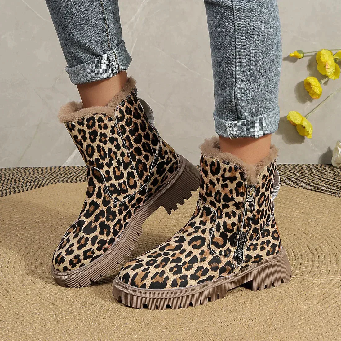 Women's leopard print winter side zipper boots