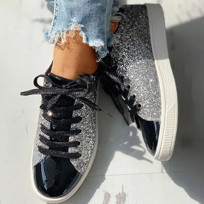 Women's Low-Top Sneakers - Glitter & Metallic Finish - Lace-Up Casual Shoes