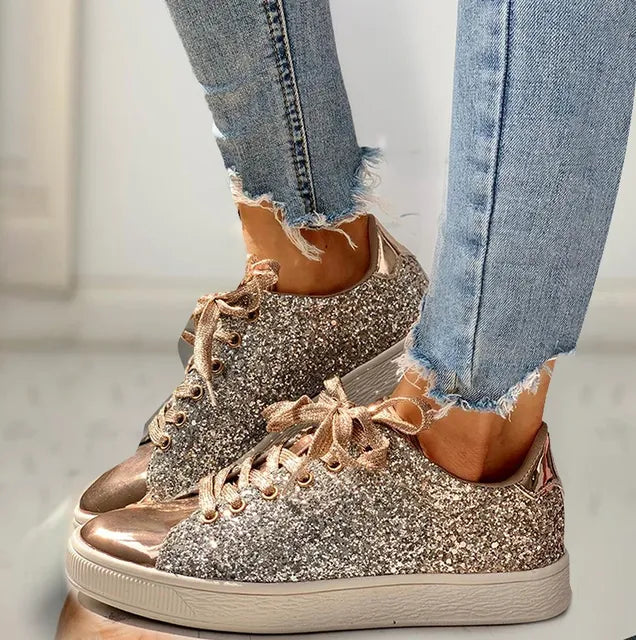 Women's Low-Top Sneakers - Glitter & Metallic Finish - Lace-Up Casual Shoes