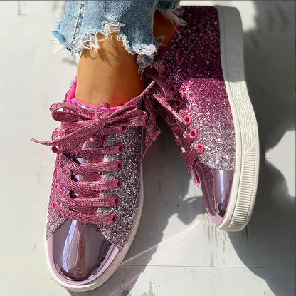 Women's Low-Top Sneakers - Glitter & Metallic Finish - Lace-Up Casual Shoes