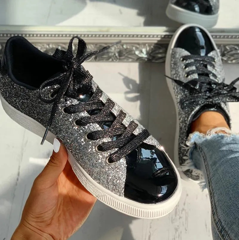 Women's Low-Top Sneakers - Glitter & Metallic Finish - Lace-Up Casual Shoes