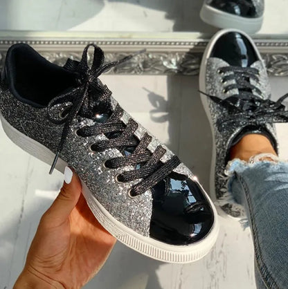 Women's Low-Top Sneakers - Glitter & Metallic Finish - Lace-Up Casual Shoes