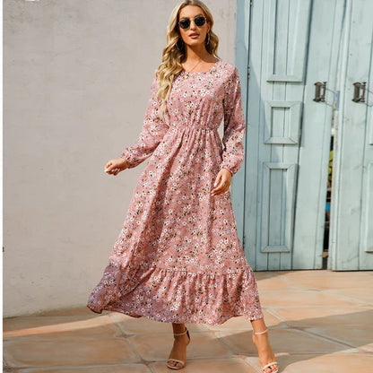 Women's Boho Maxi Dress Long Sleeve High Waist Chiffon Beachwear