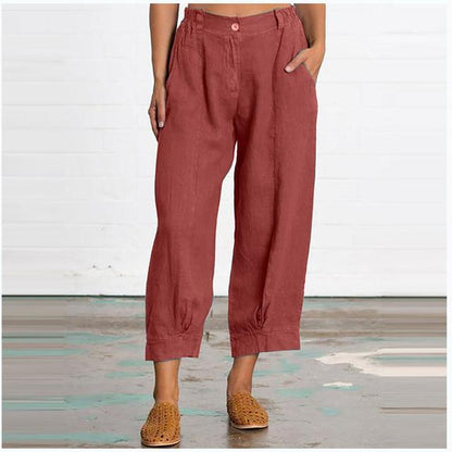 Women’s Wide-Leg Pants - Linen Blend - Pleated Front - Button Waist - Casual Fit
