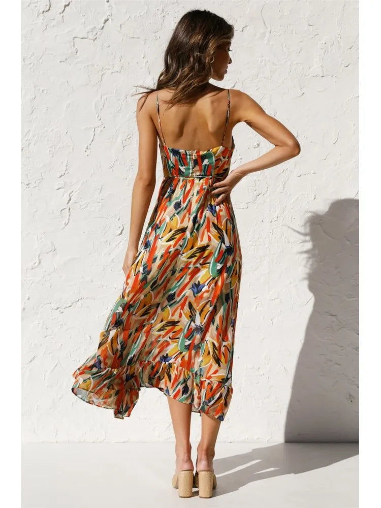 Women's Maxi Dress - V-Neck - Spaghetti Straps - Flowy Lightweight Fabric - Abstract Print