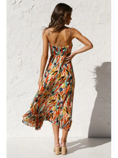 Women's Maxi Dress - V-Neck - Spaghetti Straps - Flowy Lightweight Fabric - Abstract Print
