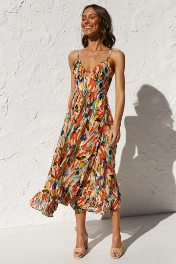 Women's Maxi Dress - V-Neck - Spaghetti Straps - Flowy Lightweight Fabric - Abstract Print