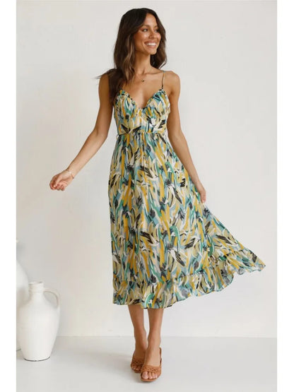 Women's Maxi Dress - V-Neck - Spaghetti Straps - Flowy Lightweight Fabric - Abstract Print