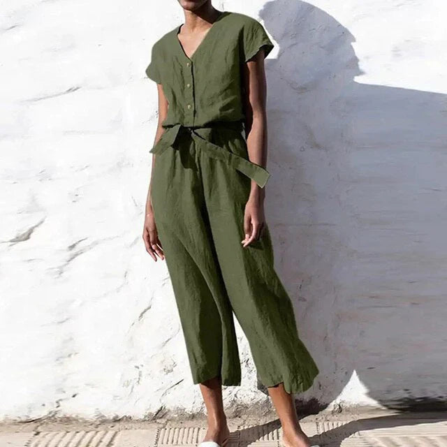 Belted Relaxed Fit Button Front Jumpsuit 