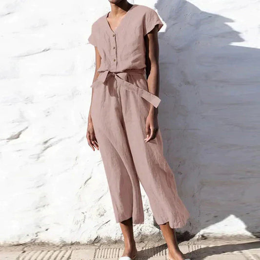 Belted Relaxed Fit Button Front Jumpsuit 