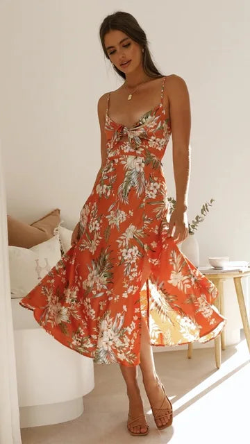 Women's Maxi Dress - A-Line Silhouette - Spaghetti Straps - Cut-Out Detail - Side Slit