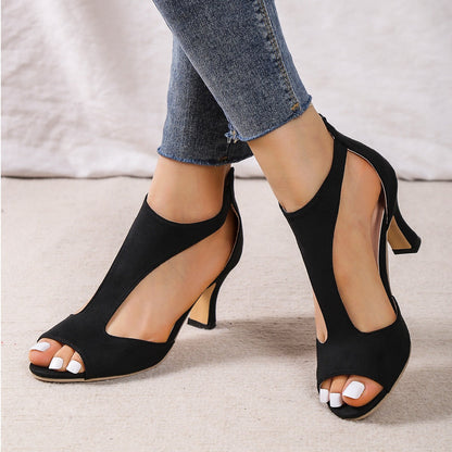 Women's Open-Toe Heels - Suede Finish - Cut-Out Design - Mid Heel Elegant Style