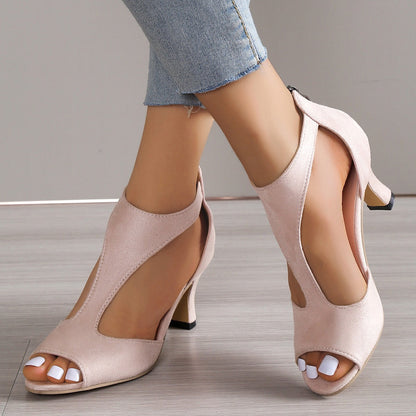 Women's Open-Toe Heels - Suede Finish - Cut-Out Design - Mid Heel Elegant Style