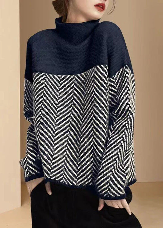 Herringbone Knit Relaxed Fit Turtleneck Sweater 