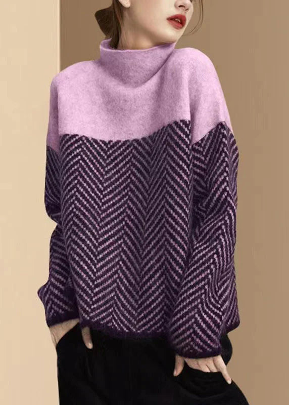 Women’s Turtleneck Sweatshirt – Relaxed Fit – Knitted Herringbone – Ribbed Hem & Cuffs
