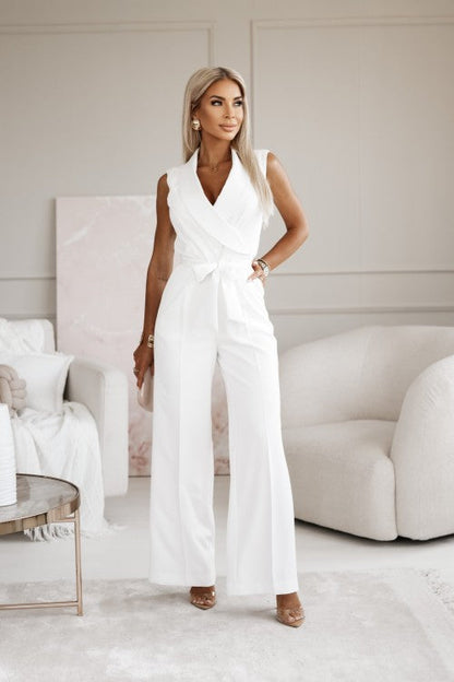 Women's Sleeveless Jumpsuit - Wrap V-Neck - Tie Waist - Tailored Straight Leg