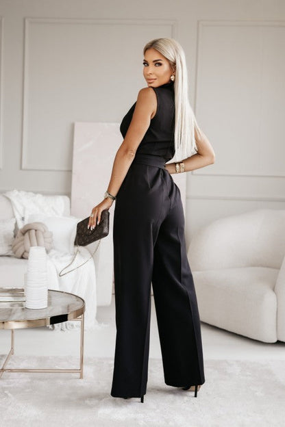 Women's Sleeveless Jumpsuit - Wrap V-Neck - Tie Waist - Tailored Straight Leg