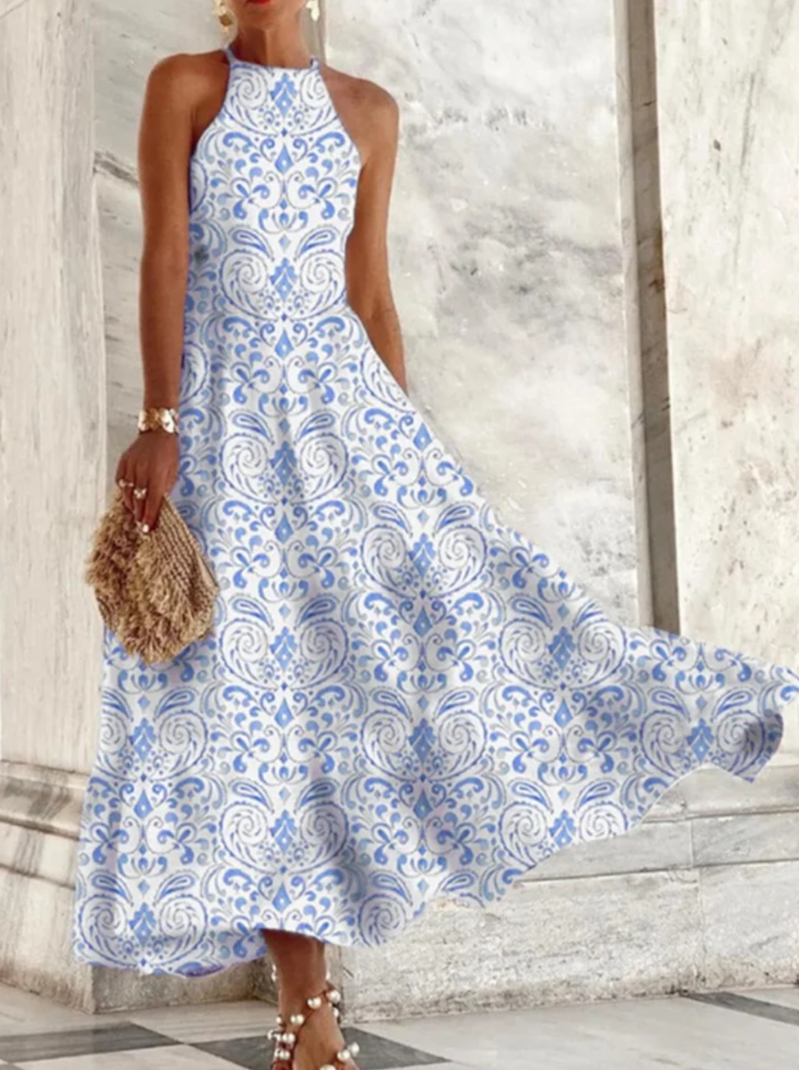 Printed Breathable Halter Neck Maxi Dress