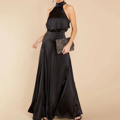 Women's Halter Jumpsuit - Sleeveless Wide-Leg - Elegant High Waist Flattering Fit
