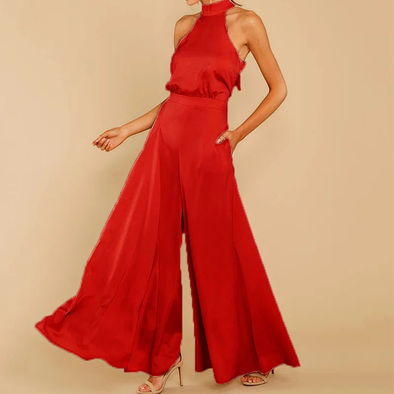 Women's Halter Jumpsuit - Sleeveless Wide-Leg - Elegant High Waist Flattering Fit