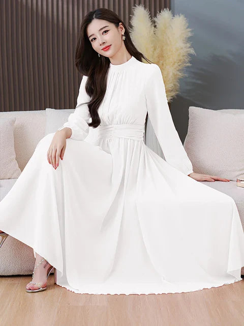 Women's White Chiffon Boho Maxi Dress with Long Sleeves