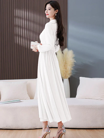 Women's White Chiffon Boho Maxi Dress with Long Sleeves