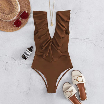 Women's One-Piece Swimsuit - Ruffle Neckline - Full Coverage - Flattering Fit