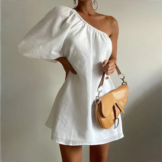 Asymmetrical Off-Shoulder Flared Mini Dress
