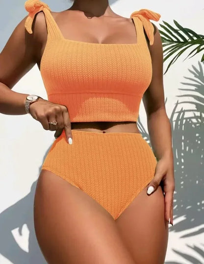 Women’s Ribbed Bikini Set - High Waist - Square Neck - Tie Strap Top