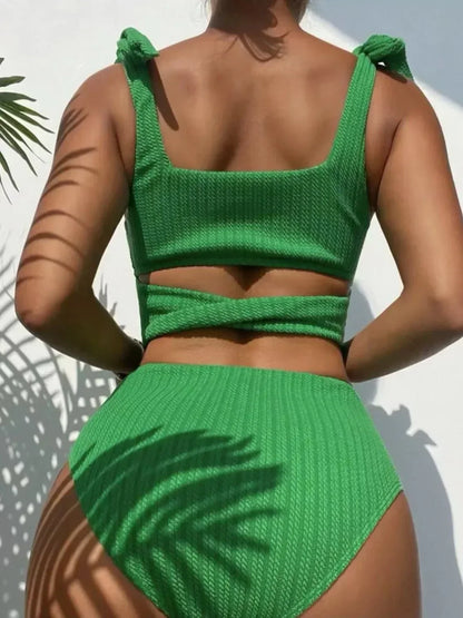 Women’s Ribbed Bikini Set - High Waist - Square Neck - Tie Strap Top