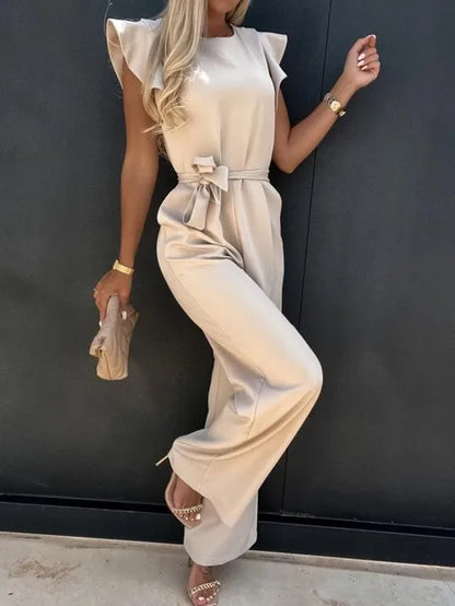 Women's Jumpsuit - Ruffle Sleeve - Belted Waist - Wide-Leg Elegant Fit