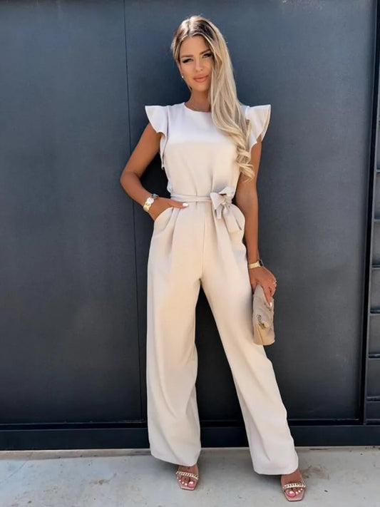 Ruffle Sleeve Belted Wide-Leg Jumpsuit