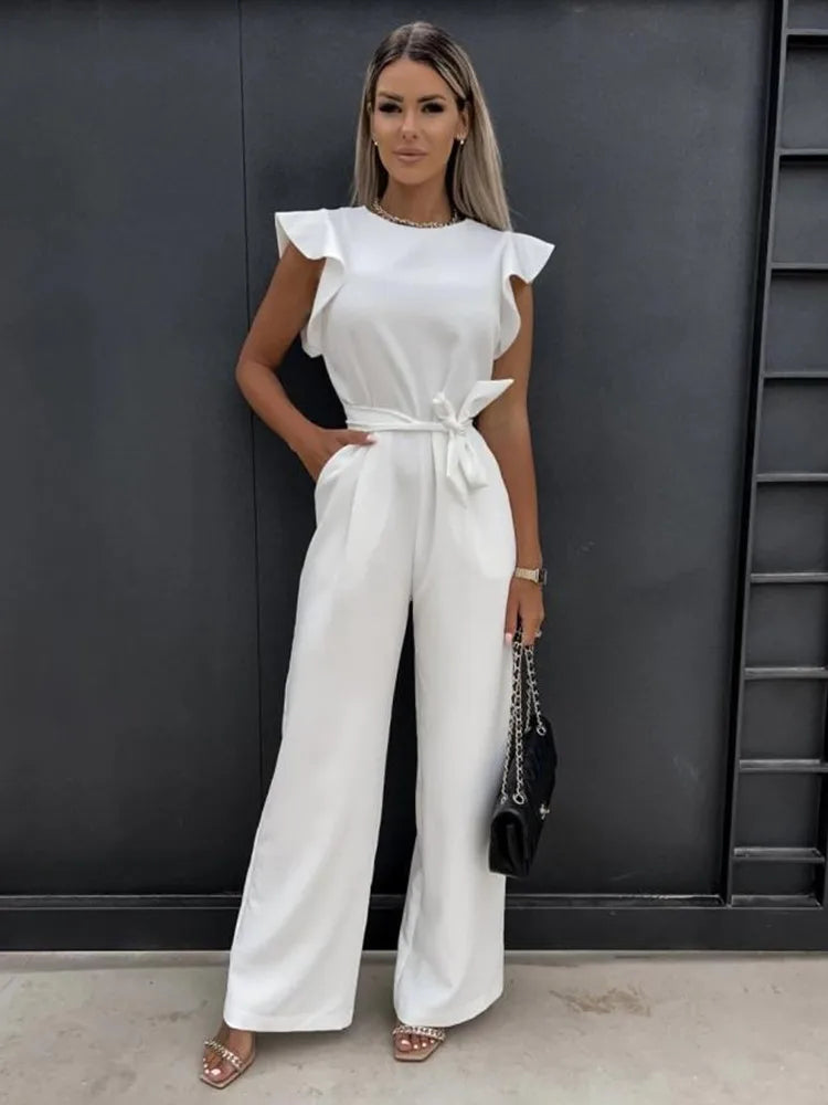 Women's Jumpsuit - Ruffle Sleeve - Belted Waist - Wide-Leg Elegant Fit