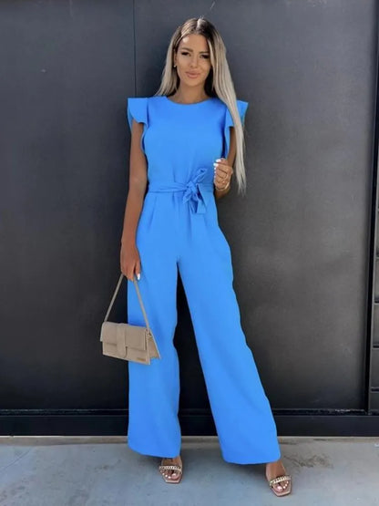 Women's Jumpsuit - Ruffle Sleeve - Belted Waist - Wide-Leg Elegant Fit