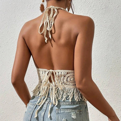 Kaat - Women's Knitted Hollow Out Tassels Backless Tank Crop Top