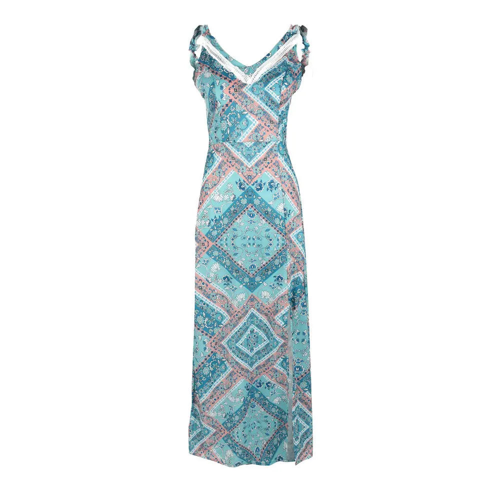 Women’s Maxi Dress - Bohemian Print - Sleeveless V-Neck - High Slit Flowing Fit