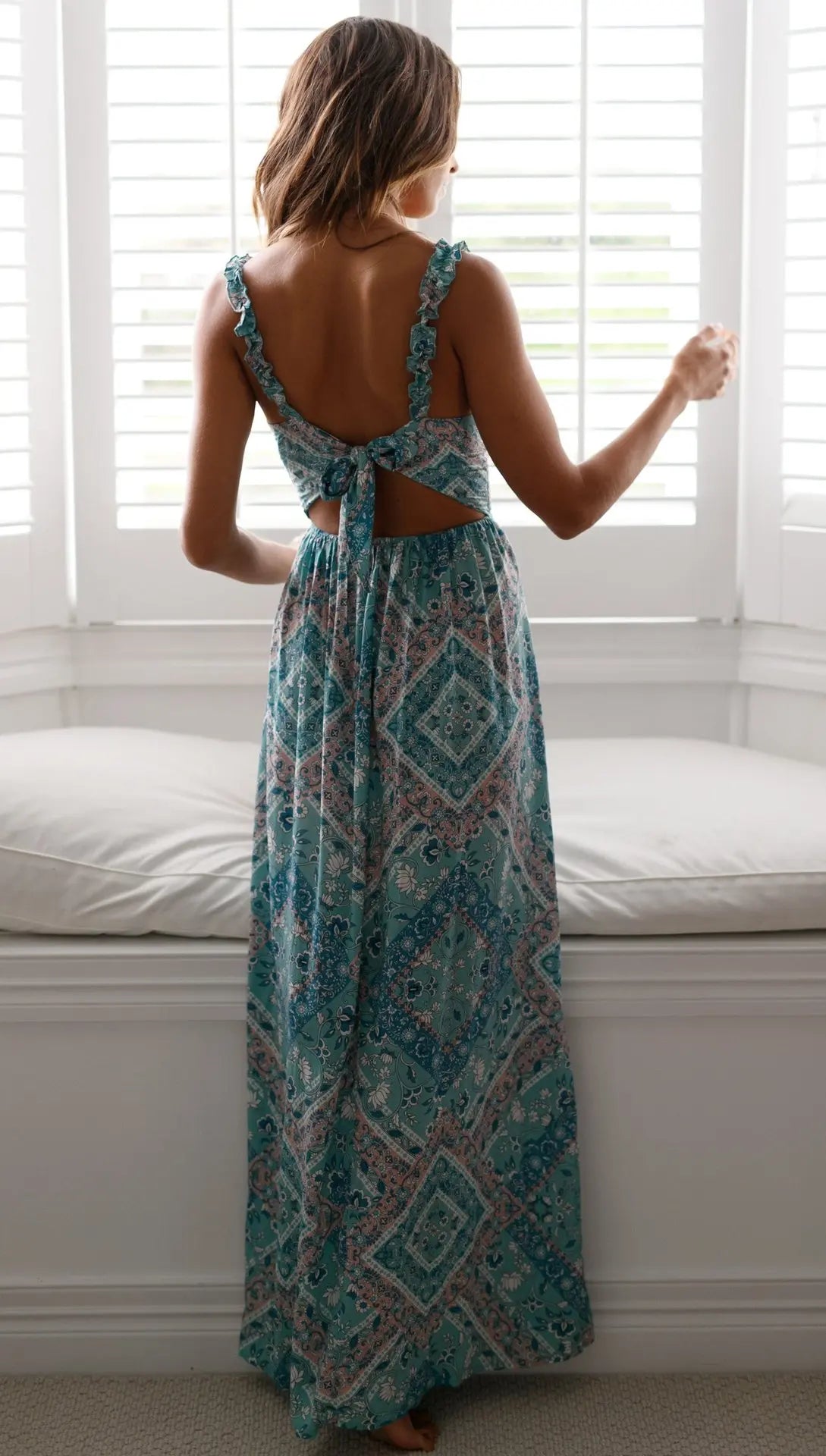 Women’s Maxi Dress - Bohemian Print - Sleeveless V-Neck - High Slit Flowing Fit