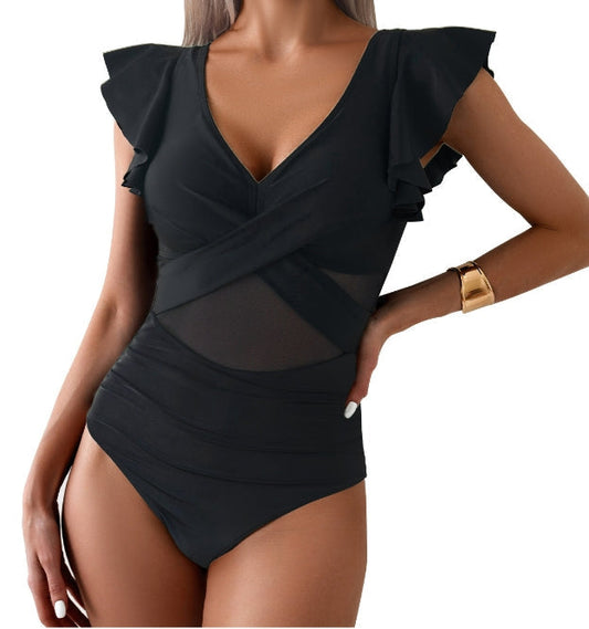 Ruffle Sleeve Deep V-Neck One-Piece Swimsuit 