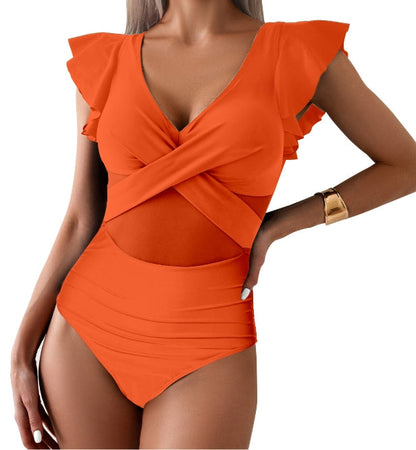 Women’s One-Piece Swimsuit – Deep V-Neck – Ruffle Sleeve – Mesh Midsection – Sleek Fit